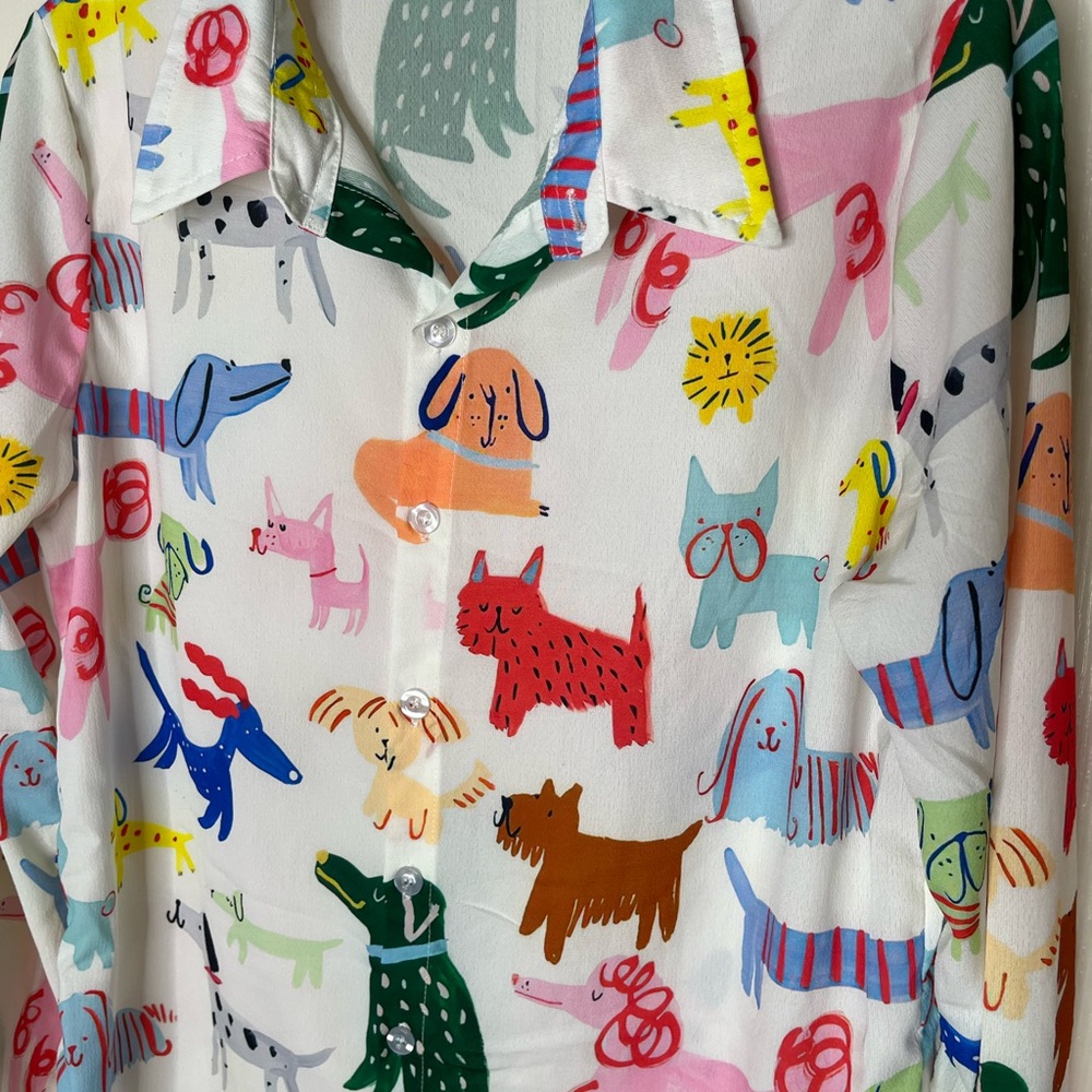 Colorful Dog Print Button-Up Top Blouse Long Sleeve Size M - Picture 2 of 6